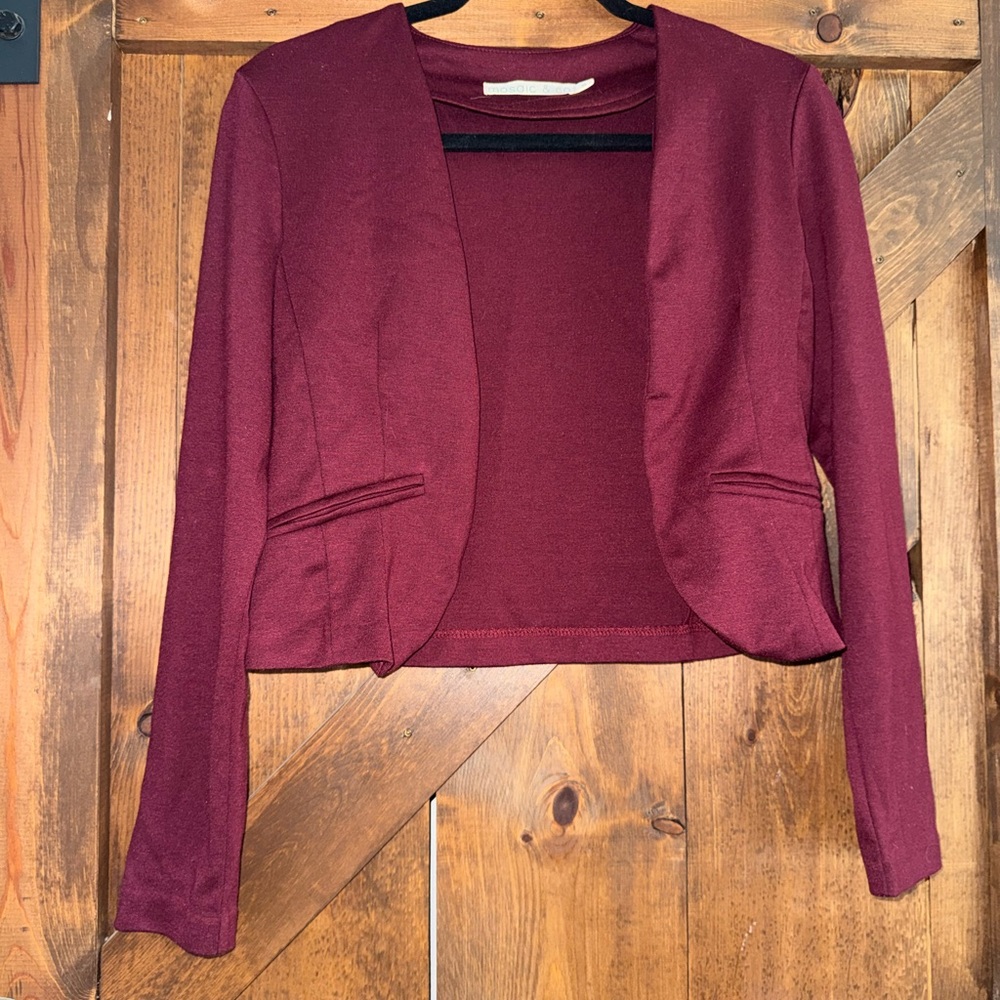 Women's Open Front Cropped Blazer Jacket - Burgundy